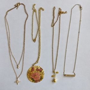 Lot of 4 Gold Necklaces, Star, Floral on Shell, Rose, Edgar Allen Poe